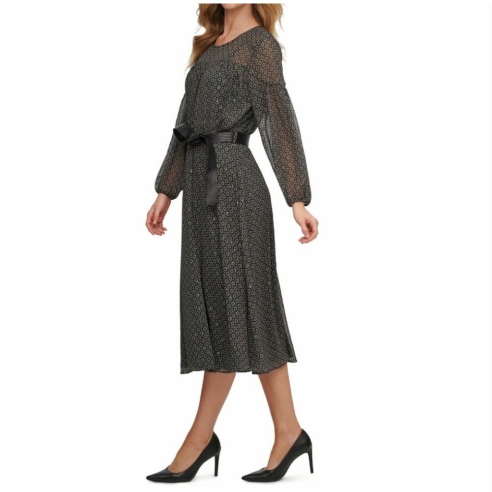 Calvin Klein Green scarf print Metallic Midi Dress belt Fall plus size 16